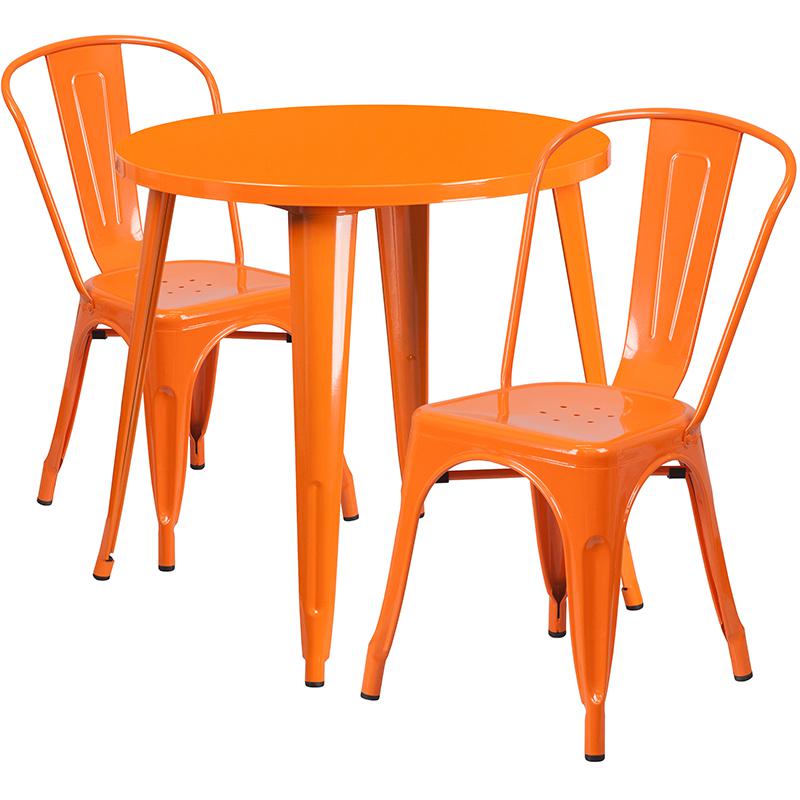 Commercial Grade 30" Round Orange Metal Indoor-Outdoor Table Set with 2 Cafe Chairs. Picture 1