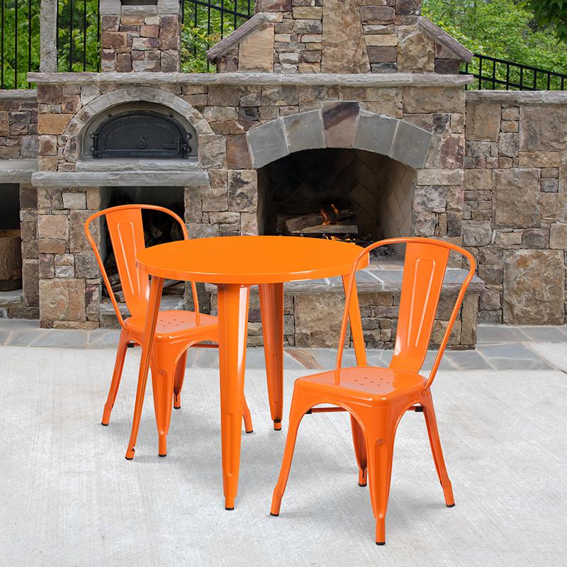 30'' Round Orange Metal Indoor-Outdoor Table Set with 2 Cafe Chairs. Picture 1