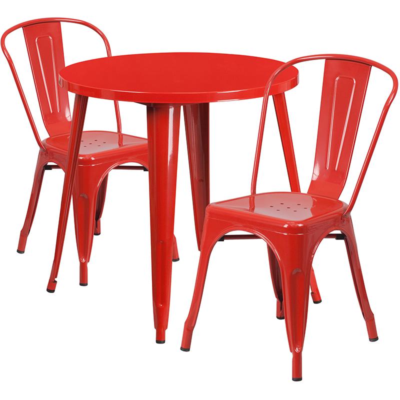 Commercial Grade 30" Round Red Metal Indoor-Outdoor Table Set with 2 Cafe Chairs. Picture 1