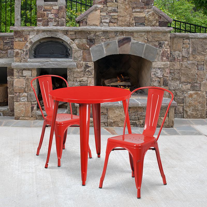 Commercial Grade 30" Round Red Metal Indoor-Outdoor Table Set with 2 Cafe Chairs. Picture 4