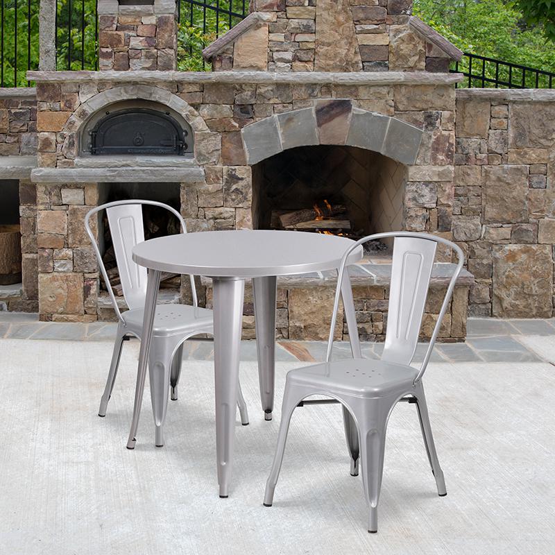 Commercial Grade 30" Round Silver Metal Indoor-Outdoor Table Set with 2 Cafe Chairs. Picture 4