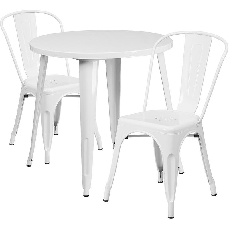30'' Round White Metal Indoor-Outdoor Table Set with 2 Cafe Chairs. Picture 2