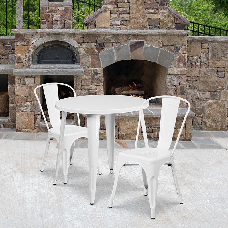 Commercial Grade 30" Round White Metal Indoor-Outdoor Table Set with 2 Cafe Chairs. Picture 4