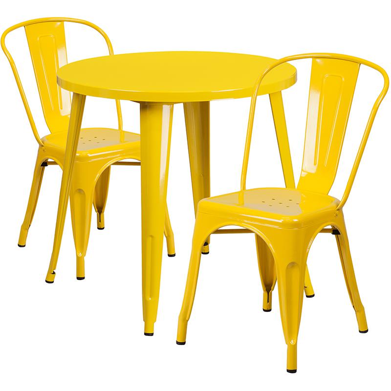Commercial Grade 30" Round Yellow Metal Indoor-Outdoor Table Set with 2 Cafe Chairs. Picture 1
