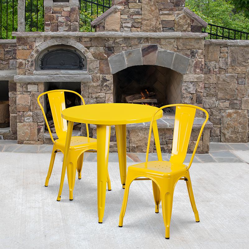 30" Round Yellow Metal Indoor-Outdoor Table Set with 2 Cafe Chairs. Picture 1