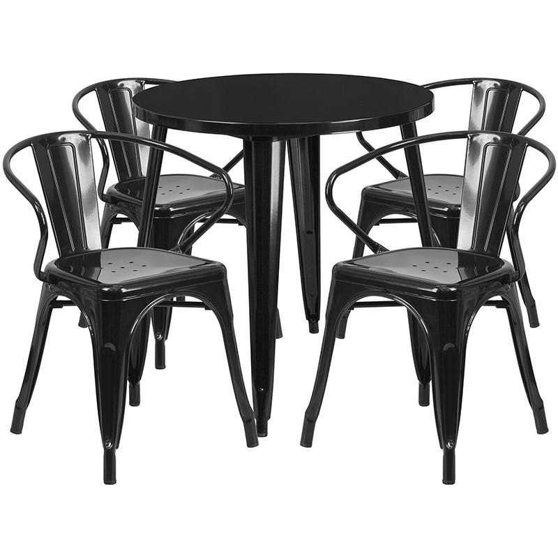 Commercial Grade 30" Round Black Metal Indoor-Outdoor Table Set with 4 Arm Chairs. The main picture.