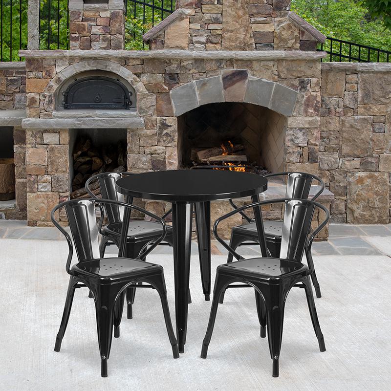 Commercial Grade 30" Round Black Metal Indoor-Outdoor Table Set with 4 Arm Chairs. Picture 4