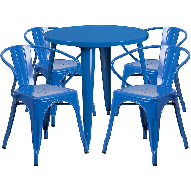 Commercial Grade 30" Round Blue Metal Indoor-Outdoor Table Set with 4 Arm Chairs. Picture 1