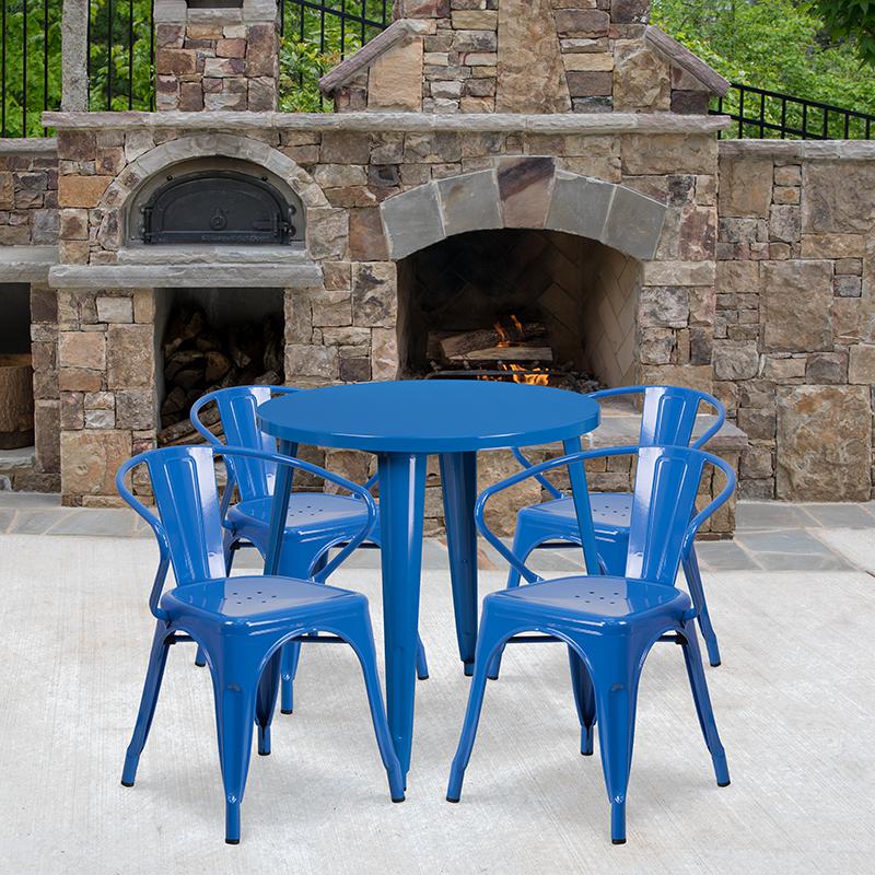 Commercial Grade 30" Round Blue Metal Indoor-Outdoor Table Set with 4 Arm Chairs. Picture 4