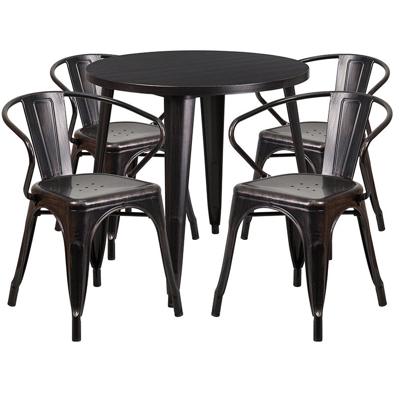 Commercial Grade 30" Round Black-Antique Gold Metal Indoor-Outdoor Table Set with 4 Arm Chairs. The main picture.