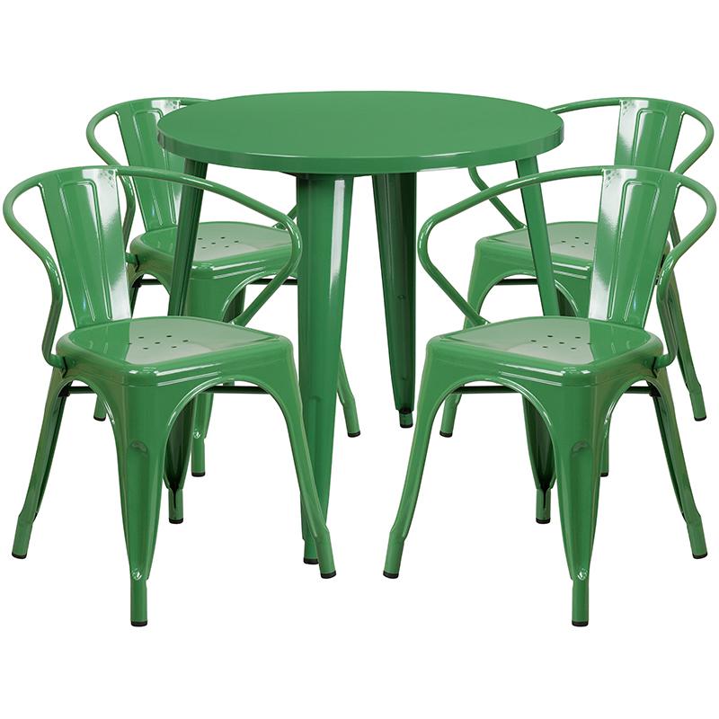 Commercial Grade 30" Round Green Metal Indoor-Outdoor Table Set with 4 Arm Chairs. Picture 1