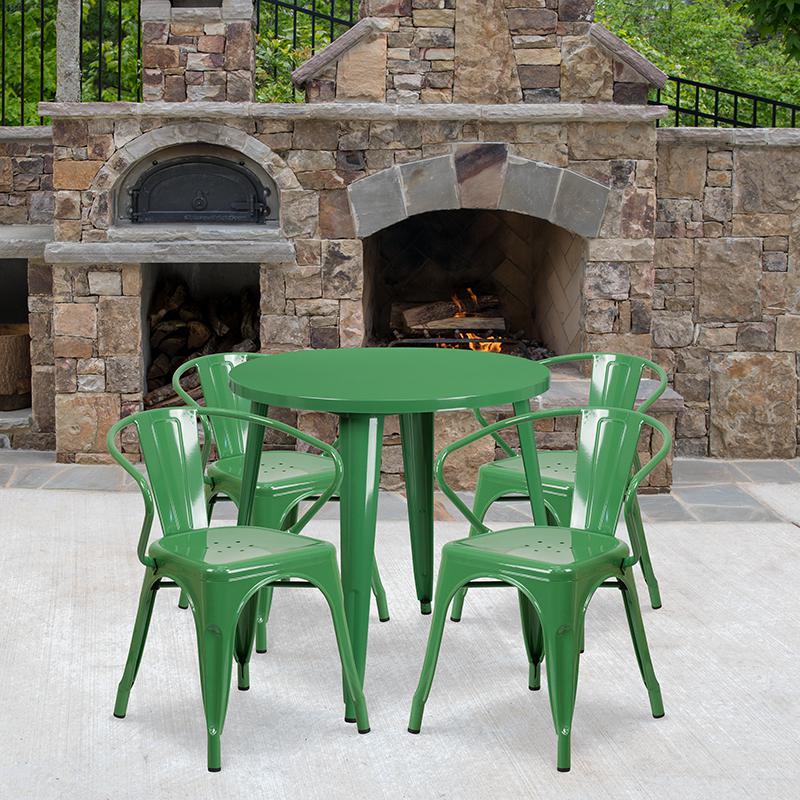 30" Round Green Metal Indoor-Outdoor Table Set with 4 Arm Chairs. Picture 1