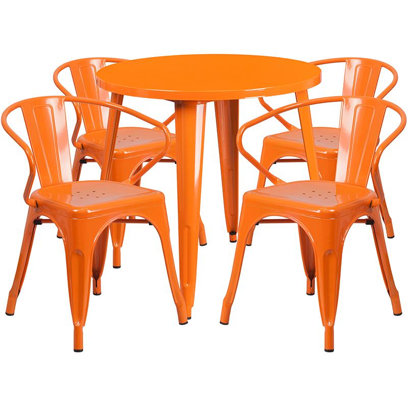 Commercial Grade 30" Round Orange Metal Indoor-Outdoor Table Set with 4 Arm Chairs. The main picture.