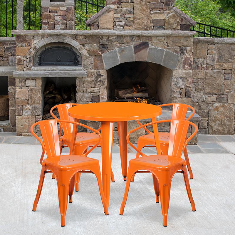 Commercial Grade 30" Round Orange Metal Indoor-Outdoor Table Set with 4 Arm Chairs. Picture 4