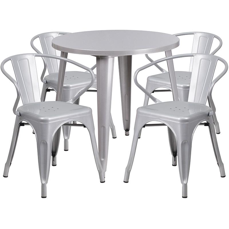 Commercial Grade 30" Round Silver Metal Indoor-Outdoor Table Set with 4 Arm Chairs. Picture 1