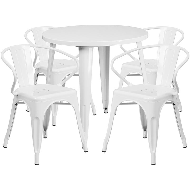 Commercial Grade 30" Round White Metal Indoor-Outdoor Table Set with 4 Arm Chairs. Picture 1