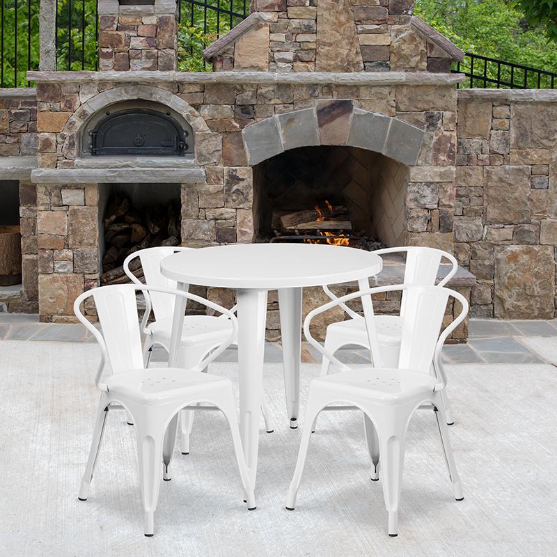 Commercial Grade 30" Round White Metal Indoor-Outdoor Table Set with 4 Arm Chairs. Picture 4