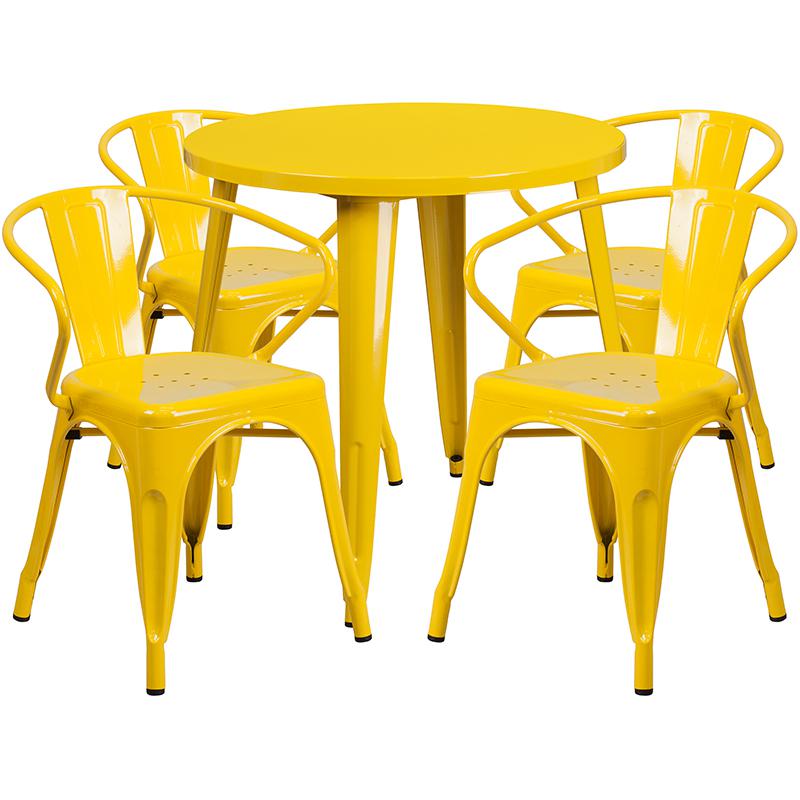 Commercial Grade 30" Round Yellow Metal Indoor-Outdoor Table Set with 4 Arm Chairs. Picture 1