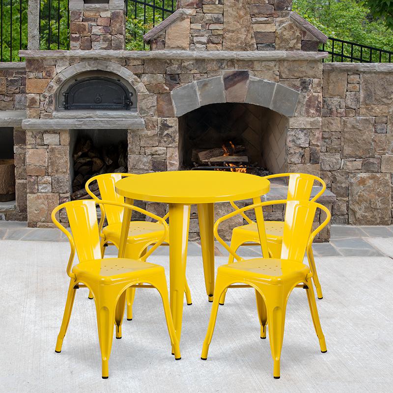 Commercial Grade 30" Round Yellow Metal Indoor-Outdoor Table Set with 4 Arm Chairs. Picture 4
