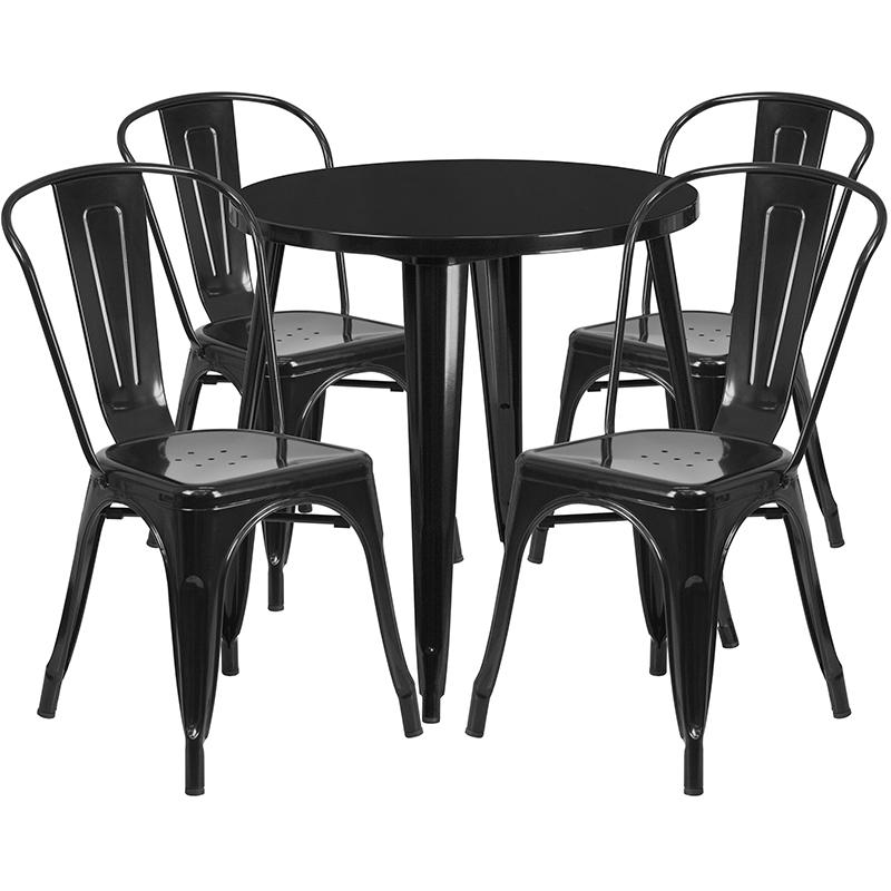 Commercial Grade 30" Round Black Metal Indoor-Outdoor Table Set with 4 Cafe Chairs. Picture 1