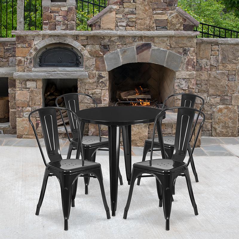 30'' Round Black Metal Indoor-Outdoor Table Set with 4 Cafe Chairs. Picture 1