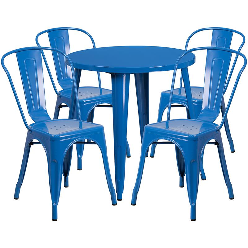 30" Round Blue Metal Indoor-Outdoor Table Set with 4 Cafe Chairs. Picture 2