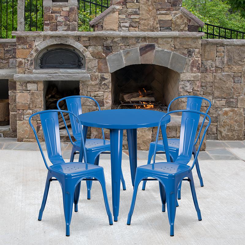 30" Round Blue Metal Indoor-Outdoor Table Set with 4 Cafe Chairs. Picture 1