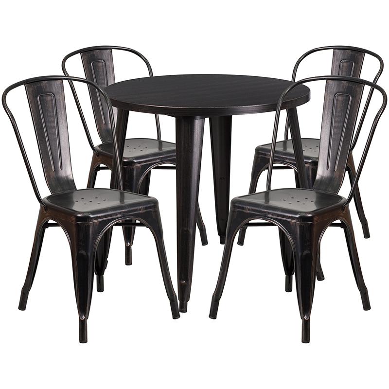 Commercial Grade 30" Round Black-Antique Gold Metal Indoor-Outdoor Table Set with 4 Cafe Chairs. The main picture.