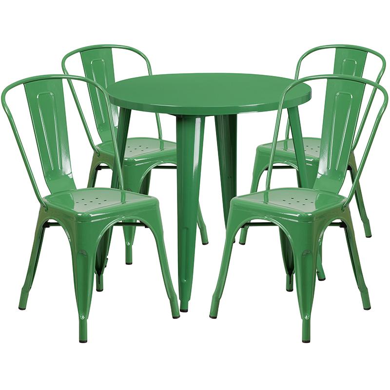 30" Round Green Metal Indoor-Outdoor Table Set with 4 Cafe Chairs. Picture 2