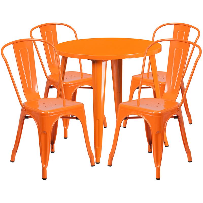 30" Round Orange Metal Indoor-Outdoor Table Set with 4 Cafe Chairs. Picture 2