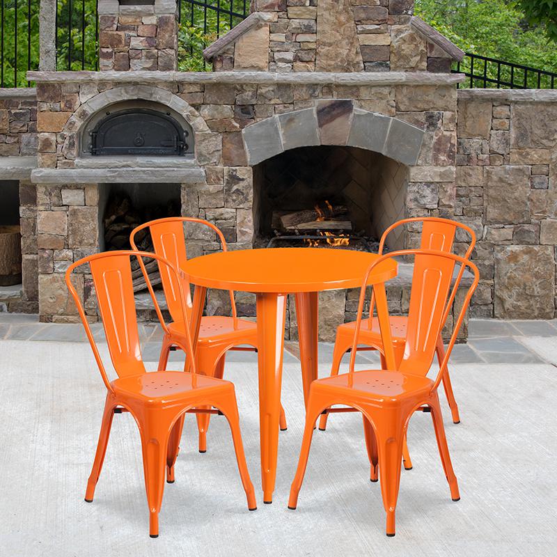 30" Round Orange Metal Indoor-Outdoor Table Set with 4 Cafe Chairs. Picture 1