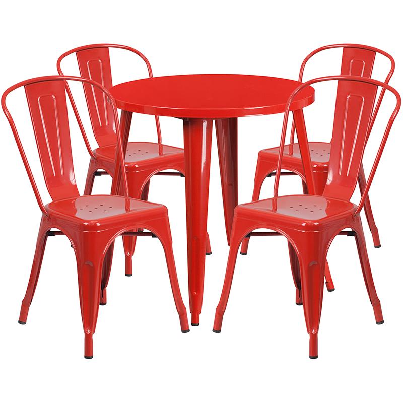 Commercial Grade 30" Round Red Metal Indoor-Outdoor Table Set with 4 Cafe Chairs. Picture 1