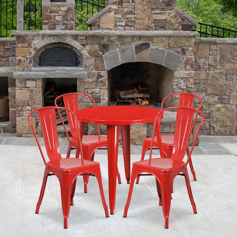 Commercial Grade 30" Round Red Metal Indoor-Outdoor Table Set with 4 Cafe Chairs. Picture 4