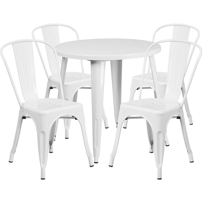 Commercial Grade 30" Round White Metal Indoor-Outdoor Table Set with 4 Cafe Chairs. Picture 1