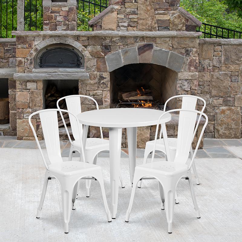 Commercial Grade 30" Round White Metal Indoor-Outdoor Table Set with 4 Cafe Chairs. Picture 4