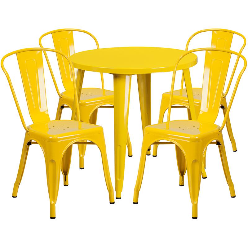 30'' Round Yellow Metal Indoor-Outdoor Table Set with 4 Cafe Chairs. Picture 2