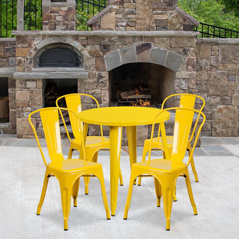 30'' Round Yellow Metal Indoor-Outdoor Table Set with 4 Cafe Chairs. Picture 1