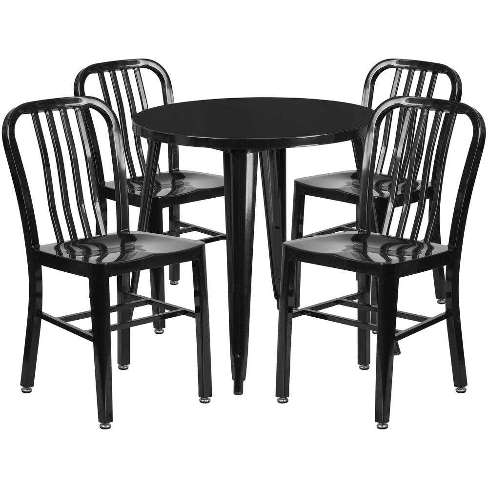 Commercial Grade 30" Round Black Metal Indoor-Outdoor Table Set with 4 Vertical Slat Back Chairs. Picture 1