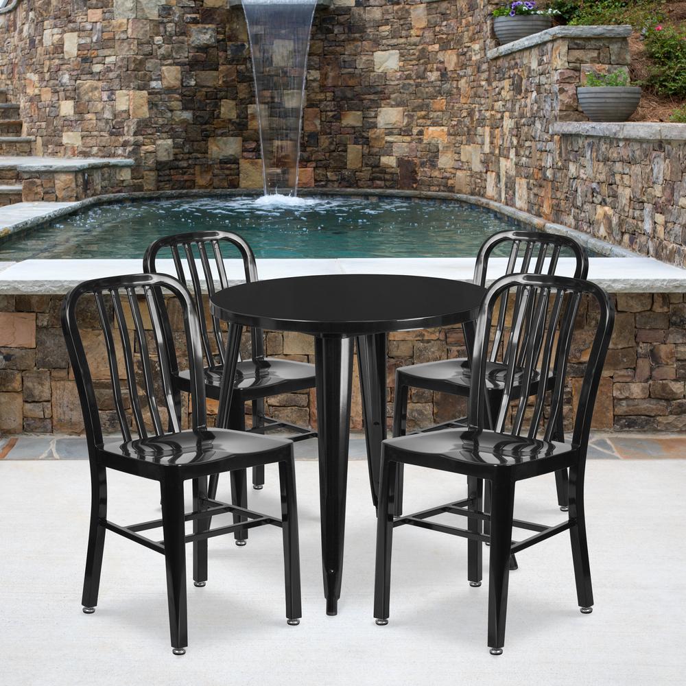 Commercial Grade 30" Round Black Metal Indoor-Outdoor Table Set with 4 Vertical Slat Back Chairs. Picture 4
