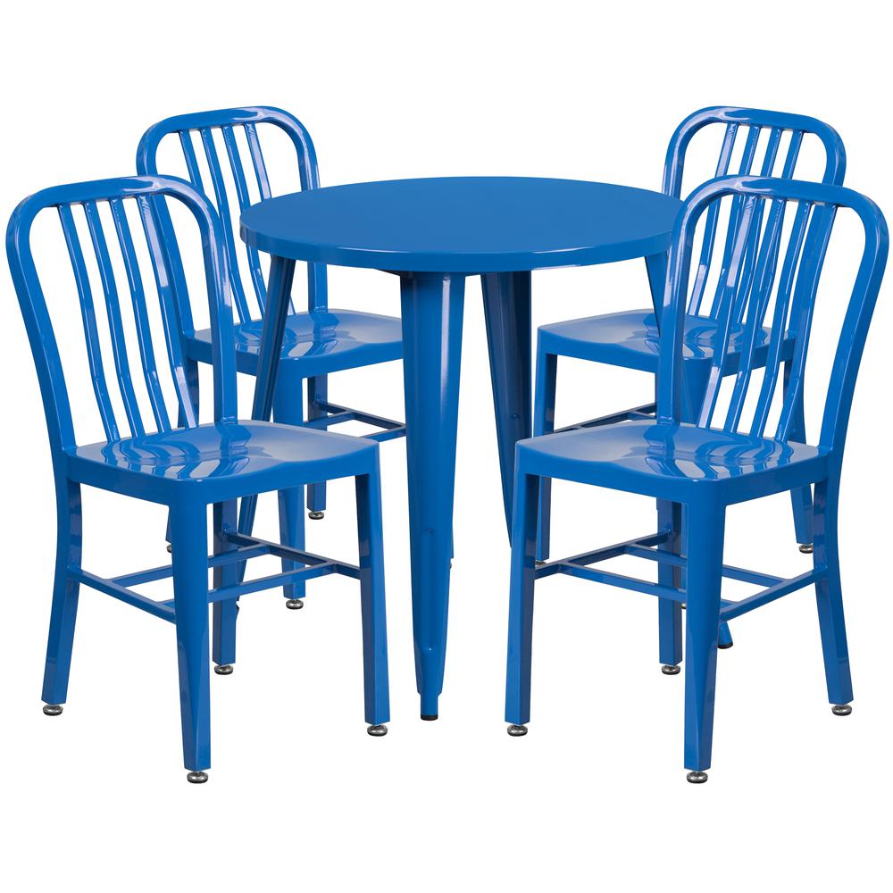Commercial Grade 30" Round Blue Metal Indoor-Outdoor Table Set with 4 Vertical Slat Back Chairs. The main picture.