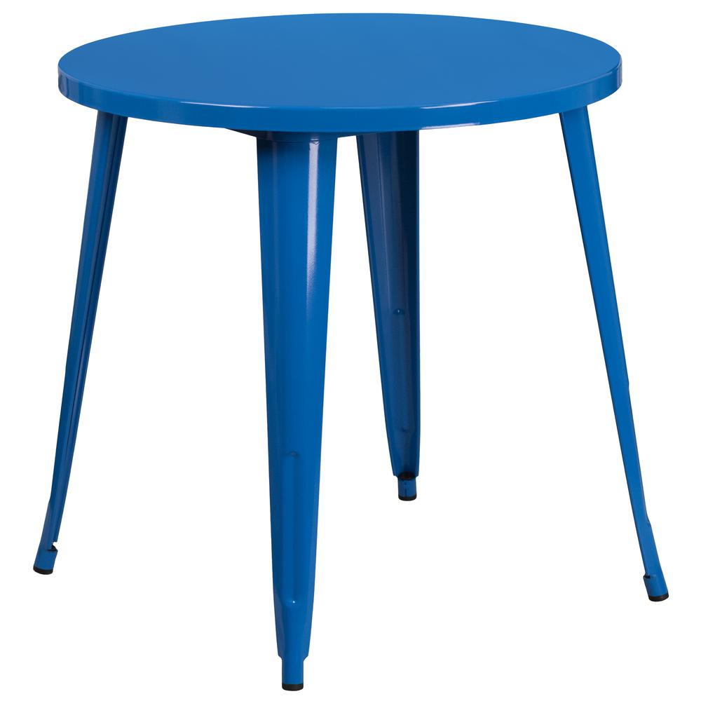 Commercial Grade 30" Round Blue Metal Indoor-Outdoor Table Set with 4 Vertical Slat Back Chairs. Picture 2