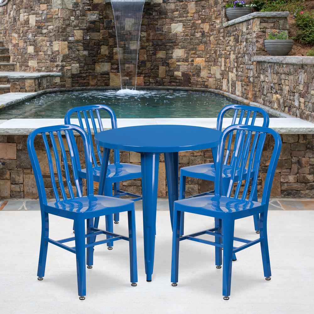 Commercial Grade 30" Round Blue Metal Indoor-Outdoor Table Set with 4 Vertical Slat Back Chairs. Picture 4