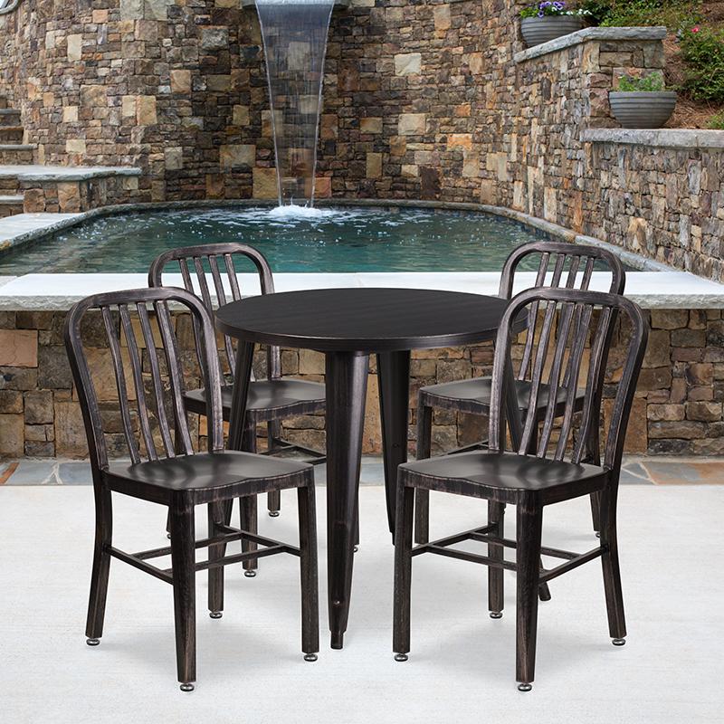 Commercial Grade 30" Round Black-Antique Gold Metal Indoor-Outdoor Table Set with 4 Vertical Slat Back Chairs. Picture 4
