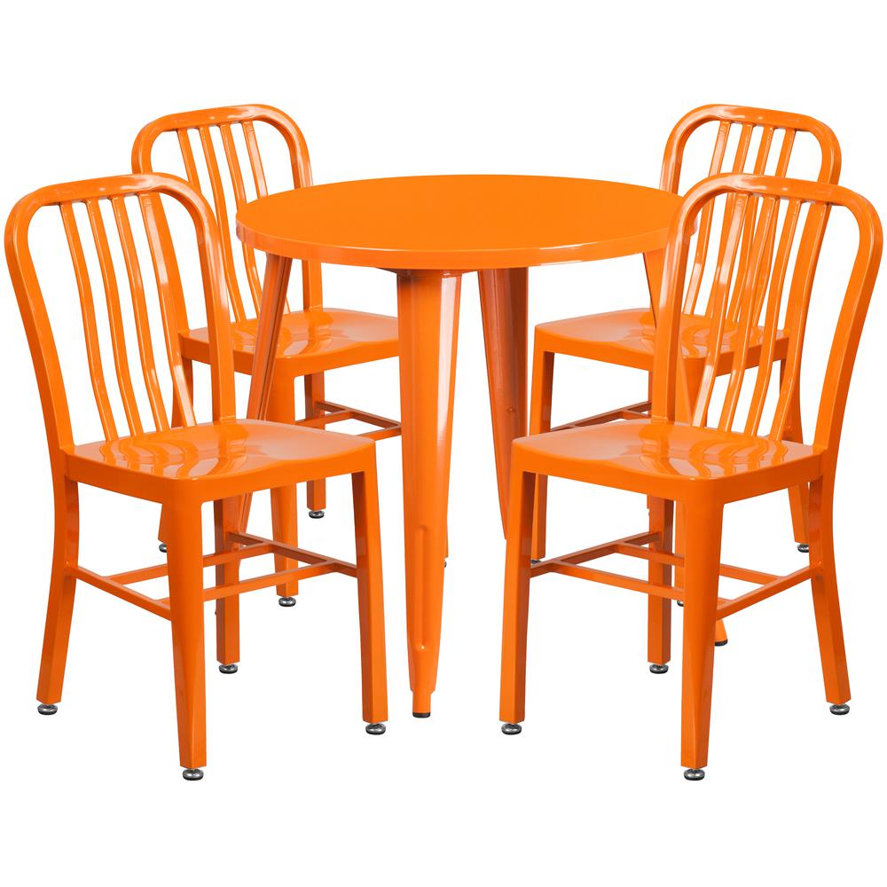 Commercial Grade 30" Round Orange Metal Indoor-Outdoor Table Set with 4 Vertical Slat Back Chairs. Picture 1