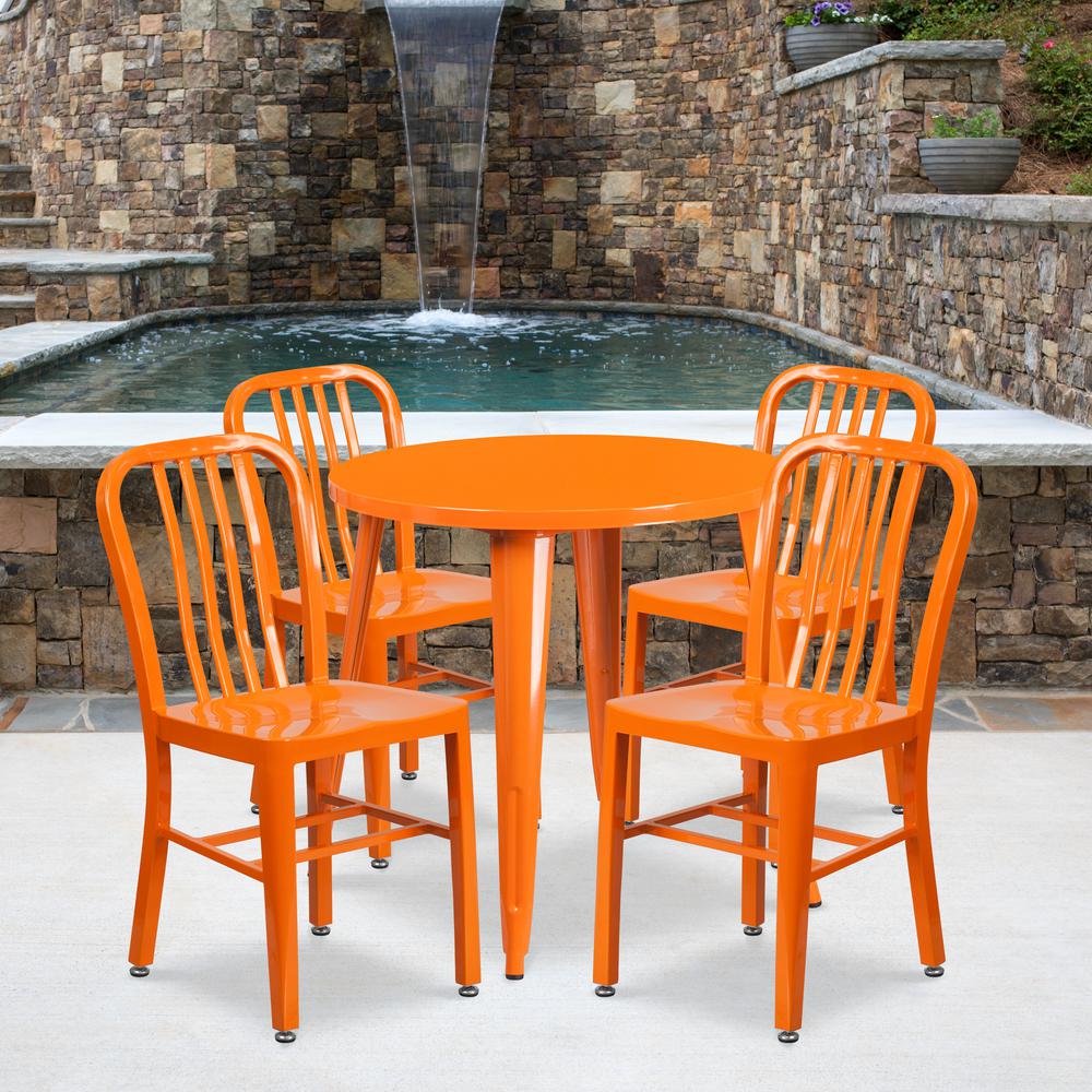 Commercial Grade 30" Round Orange Metal Indoor-Outdoor Table Set with 4 Vertical Slat Back Chairs. Picture 4