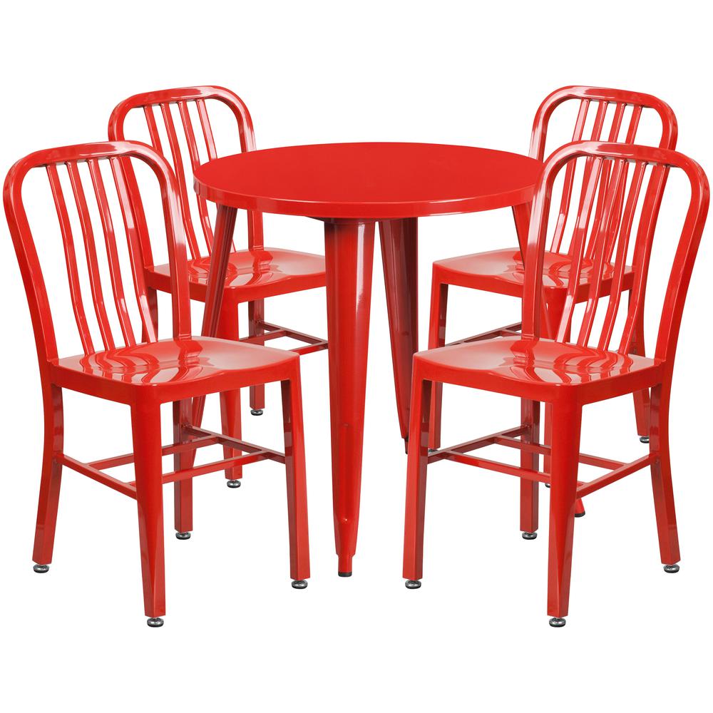 Commercial Grade 30" Round Red Metal Indoor-Outdoor Table Set with 4 Vertical Slat Back Chairs. Picture 1
