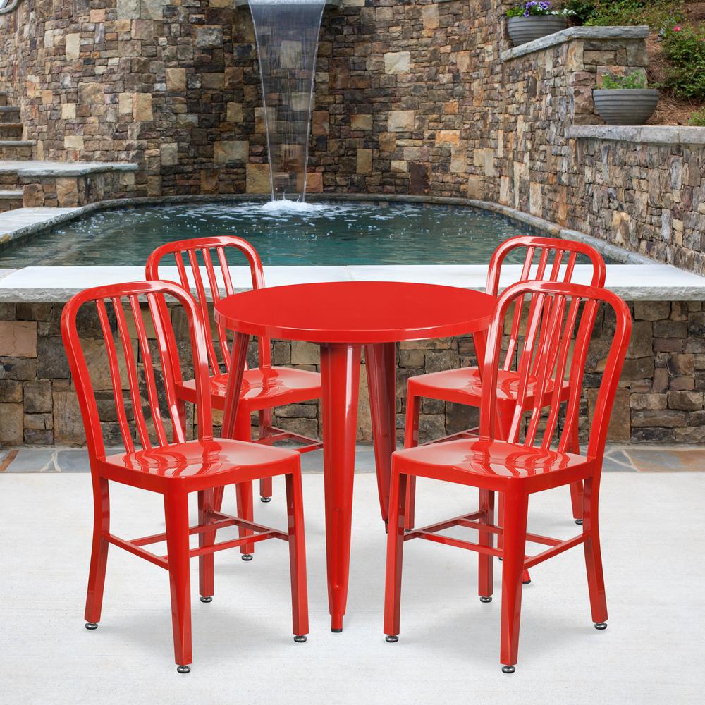 Commercial Grade 30" Round Red Metal Indoor-Outdoor Table Set with 4 Vertical Slat Back Chairs. Picture 4
