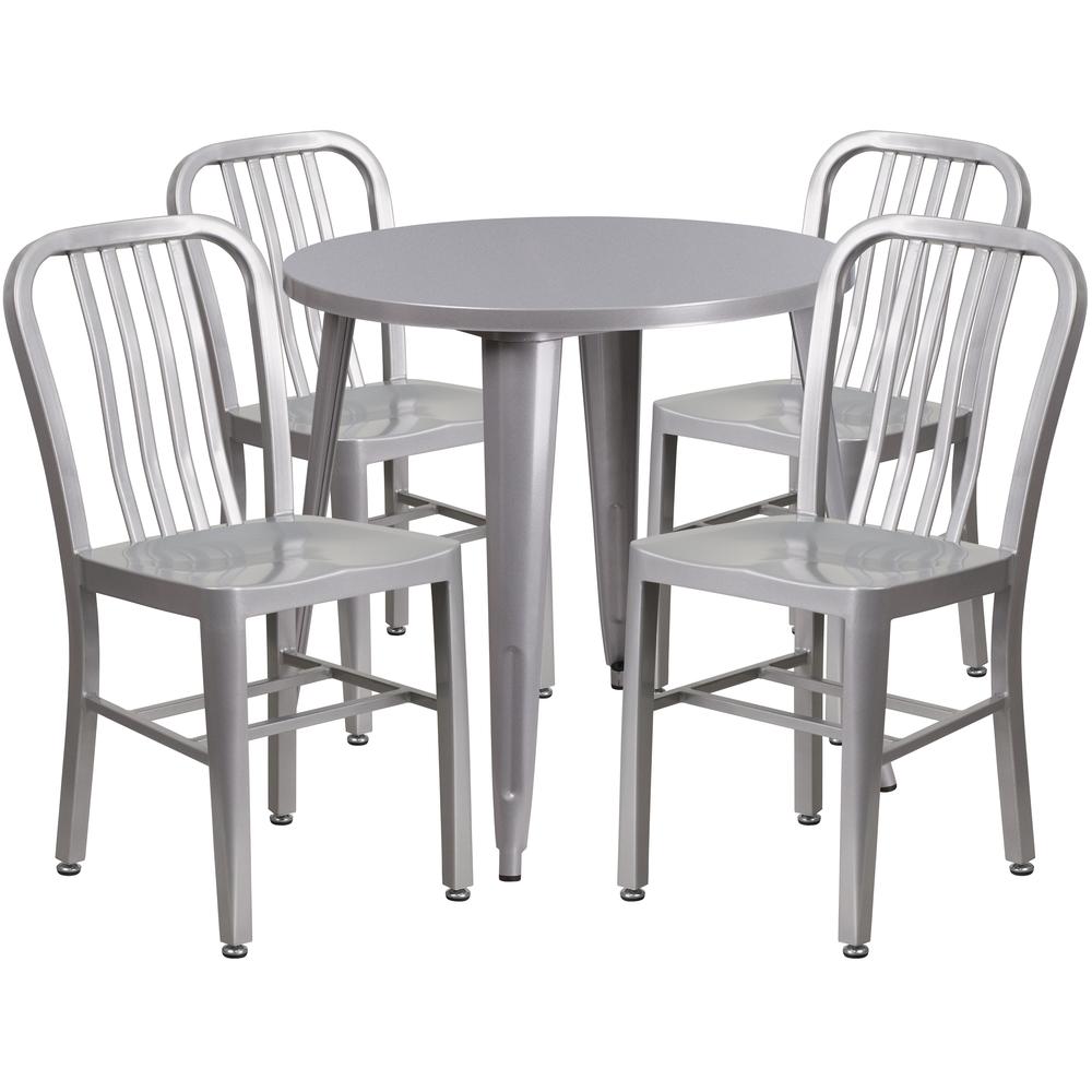 Commercial Grade 30" Round Silver Metal Indoor-Outdoor Table Set with 4 Vertical Slat Back Chairs. Picture 1