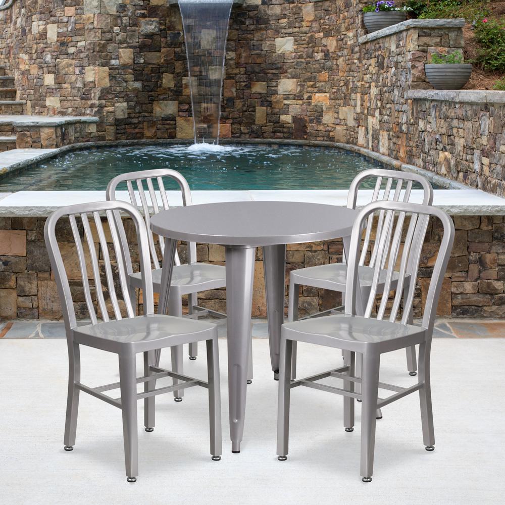 Commercial Grade 30" Round Silver Metal Indoor-Outdoor Table Set with 4 Vertical Slat Back Chairs. Picture 4