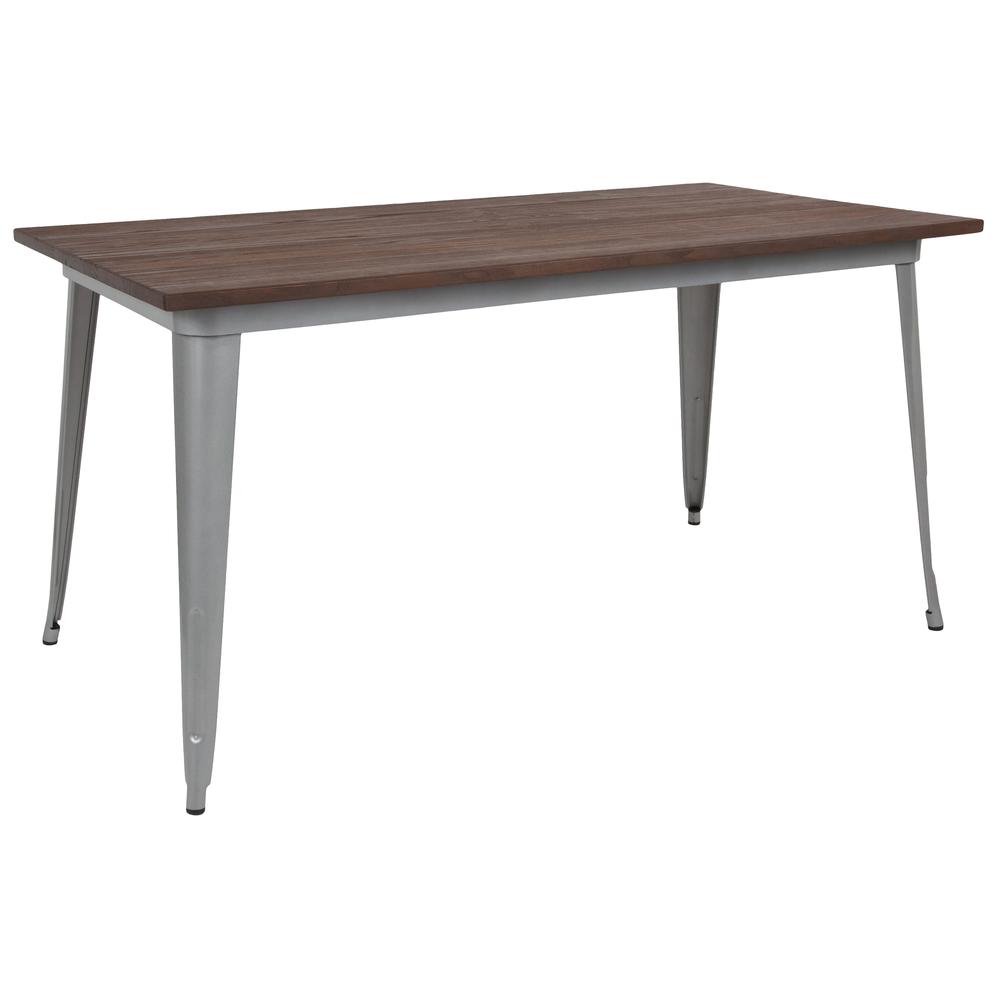 30.25" x 60" Rectangular Silver Metal Indoor Table with Walnut Rustic Wood Top. Picture 1